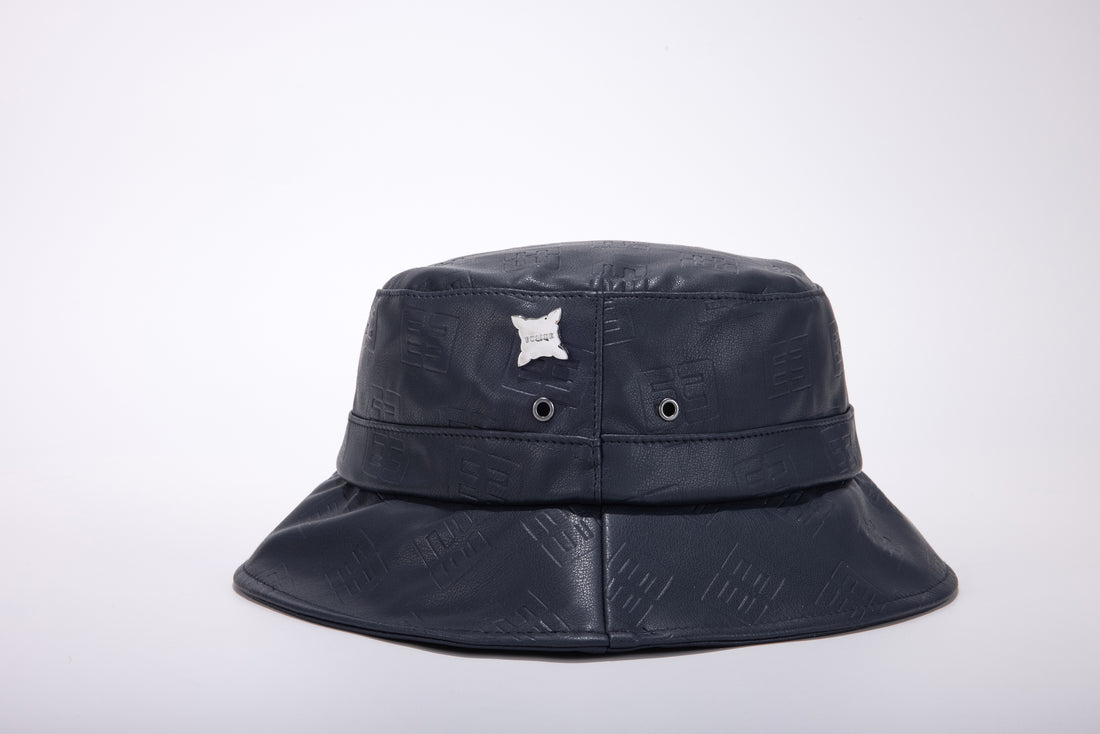 Leather Monogram Bucket Hat- Dark Navy