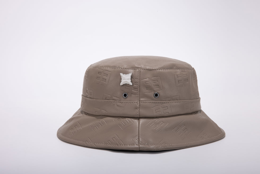 Leather Monogram Bucket Hat- Taupe